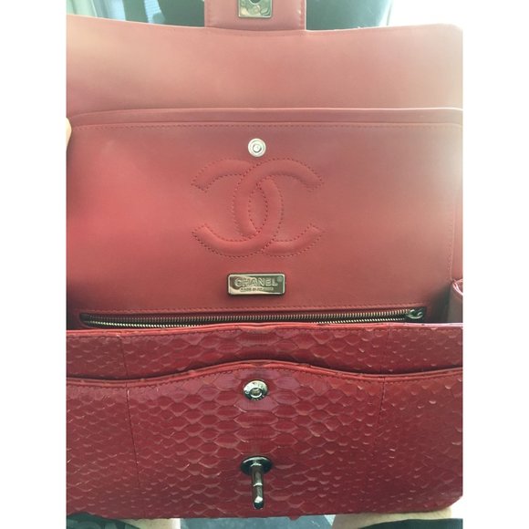 Chanel Womens Red Python Leather Classic Double Flap Jumbo Handbag - Picture 8 of 11